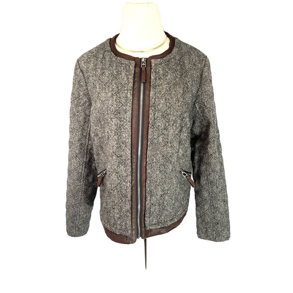 For Cynthia Brown Tweed Blazer Jacket Sz‎ XL Quilted Zip Faux Suede Trim